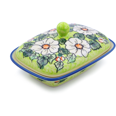 Polish Pottery Butter Dish 7&quot; White Flower Bouquet