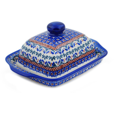 Polish Pottery Butter Dish 8&quot; Blue Cress