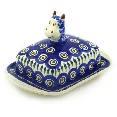 Polish Pottery Butter Dish 8&quot; Blue Peacock