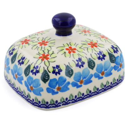 Polish Pottery Butter Dish 8&quot; Blue Tulip Meadow