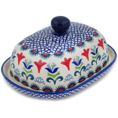 Polish Pottery Butter Dish 8&quot; Botanical Garden UNIKAT