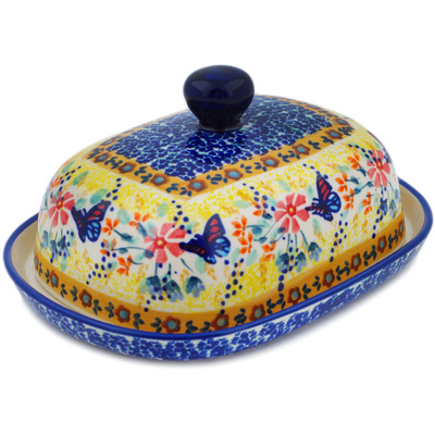 Polish Pottery Butter Dish 8&quot; Butterfly Summer Garden UNIKAT