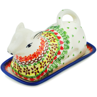 Polish Pottery Butter Dish 8&quot; Cheerful Fall