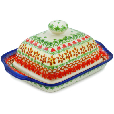 Polish Pottery Butter Dish 8&quot; Cheerful Fall