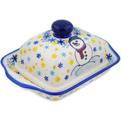 Polish Pottery Butter Dish 8&quot; Delightful Snowfall