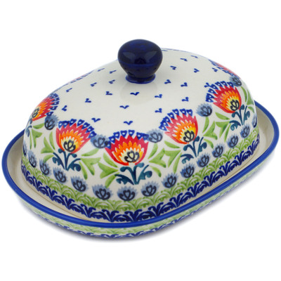 Polish Pottery Butter Dish 8&quot; Flower Flames UNIKAT