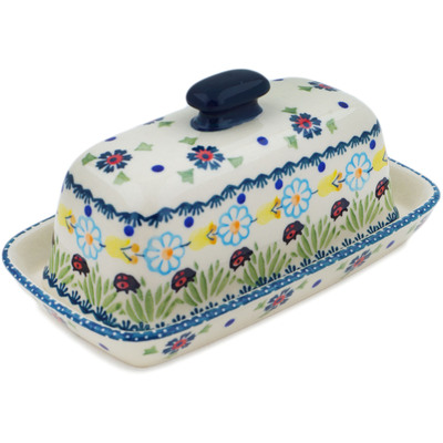 Polish Pottery Butter Dish 8&quot; Flowers And Ladybugs