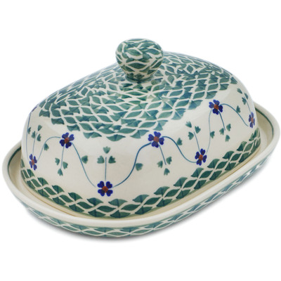 Polish Pottery Butter Dish 8&quot; Lucky Blue Clover