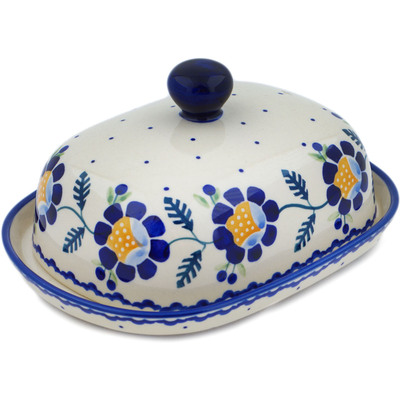 Polish Pottery Butter Dish 8&quot; Orange And Blue Flower