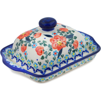 Polish Pottery Butter Dish 8&quot; Peach Tudor Rose