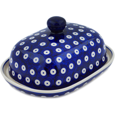 Polish Pottery Butter Dish 8&quot; Peacock Eyes