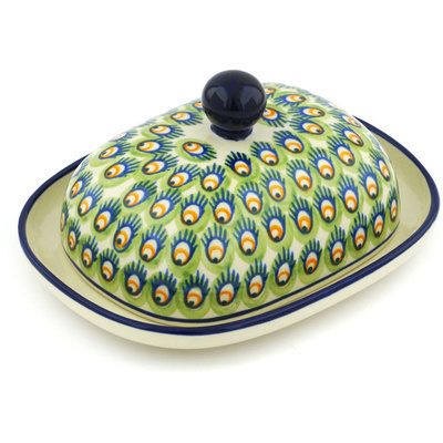 Polish Pottery Butter Dish 8&quot; Peacock Feathers
