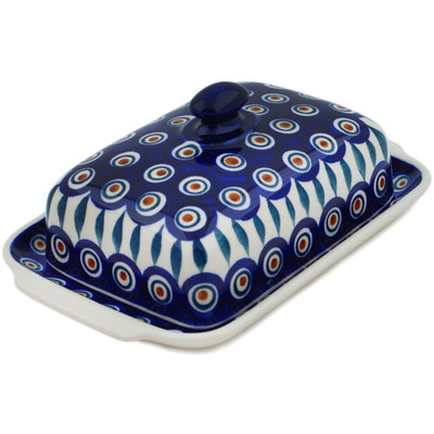 Polish Pottery Butter Dish 8&quot; Peacock