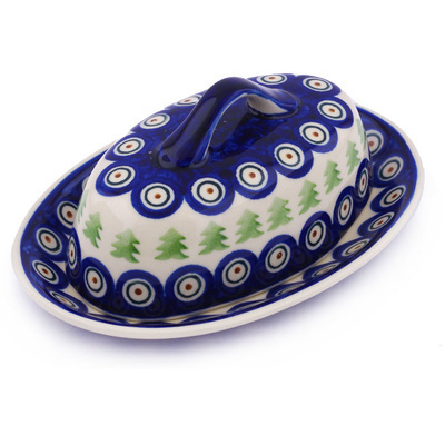 Polish Pottery Butter Dish 8&quot; Peacock Pines