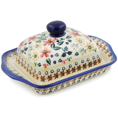 Polish Pottery Butter Dish 8&quot; Red Anemone Meadow UNIKAT