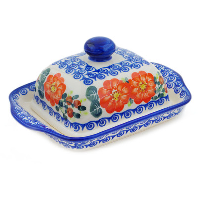 Polish Pottery Butter Dish 8&quot; Red Blossom