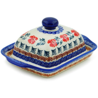 Polish Pottery Butter Dish 8&quot; Red Cornflower