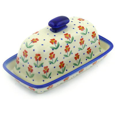 Polish Pottery Butter Dish 8&quot; Red Primrose