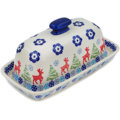 Polish Pottery Butter Dish 8&quot; Ring Around The Reindeer