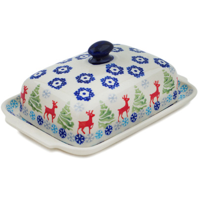 Polish Pottery Butter Dish 8&quot; Ring Around The Reindeer