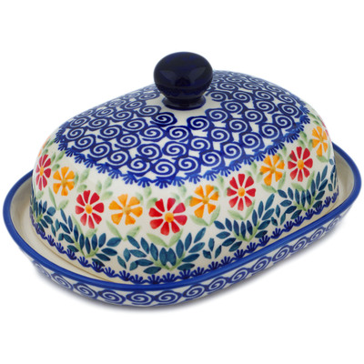 Polish Pottery Butter Dish 8&quot; Wave Of Flowers