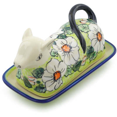 Polish Pottery Butter Dish 8&quot; White Flower Bouquet