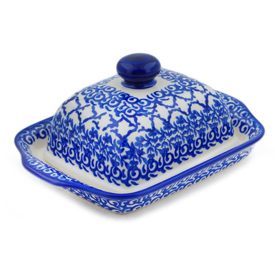 Polish Pottery Butter Dish 8&quot; Winter Blue