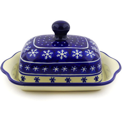 Polish Pottery Butter Dish 8&quot; Winter Snowflakes