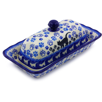 Polish Pottery Butter Dish 9&quot; Boo Boo Kitty Paws