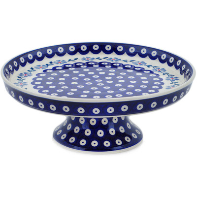 Polish Pottery Cake Stand 10&quot; Peacock Forget-me-not