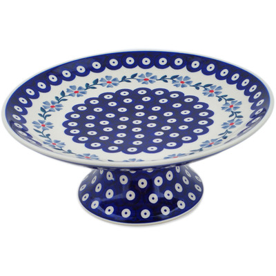 Polish Pottery Cake Stand 10&quot; Peacock Forget-me-not