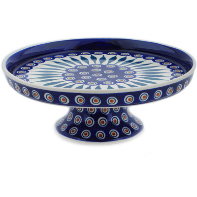 Polish Pottery Cake Stand 10&quot; Peacock