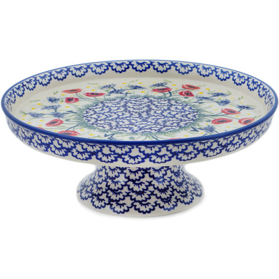 Polish Pottery Cake Stand 10&quot; Poppies And Cornflowers UNIKAT