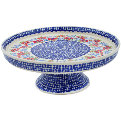 Polish Pottery Cake Stand 10&quot; Red Flower Meadow