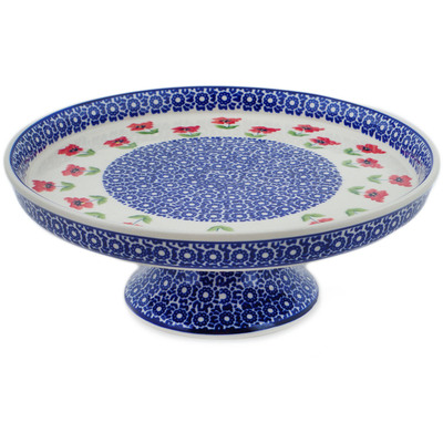 Polish Pottery Cake Stand 10&quot; Wind-blown Poppies