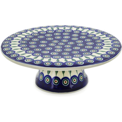 Polish Pottery Cake Stand 11&quot; Peacock Leaves