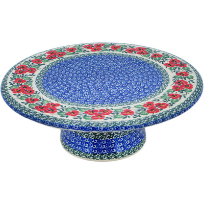 Polish Pottery Cake Stand 11&quot; Red Pansy
