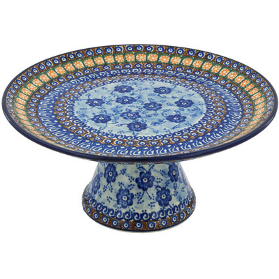 Polish Pottery Cake Stand 12&quot; Dancing Blue Poppies UNIKAT