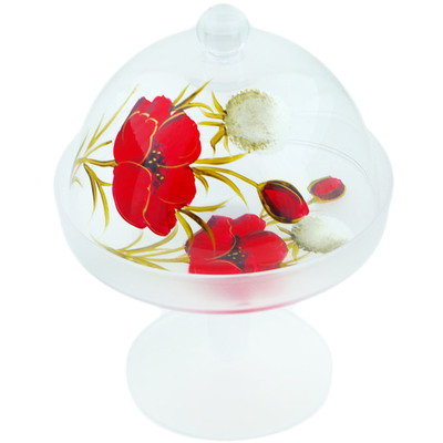 Glass Cake Stand 9&quot; Poppies UNIKAT