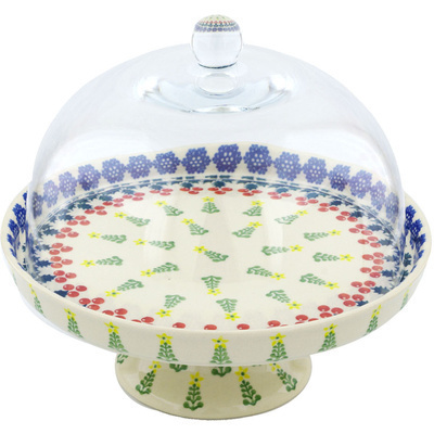 Polish Pottery Cake Stand with Cover 10&quot; Mistletoe Above The Pine