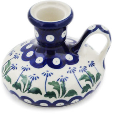 Polish Pottery Candle Holder 4&quot; Blue Daisy Peacock
