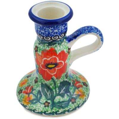Polish Pottery Candle Holder 4&quot; Red Poppies UNIKAT
