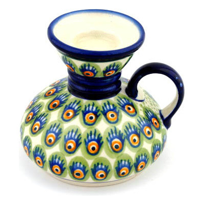 Polish Pottery Candle Holder 5&quot; Peacock Feathers