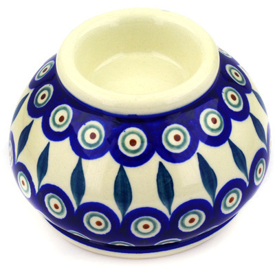 Polish Pottery Candle Holder 5&quot; Peacock Leaves