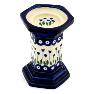 Polish Pottery Candle Holder 6&quot; Blue Tulip Peacock