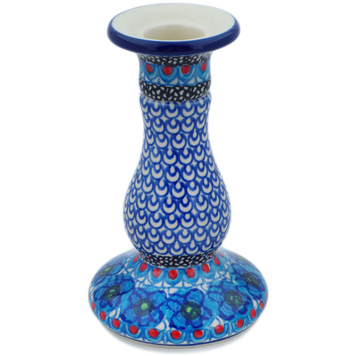 Polish Pottery Candle Holder 6&quot; Blueberry Flowers UNIKAT
