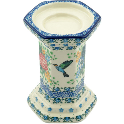 Polish Pottery Candle Holder 6&quot; Hummingbird Meadow UNIKAT