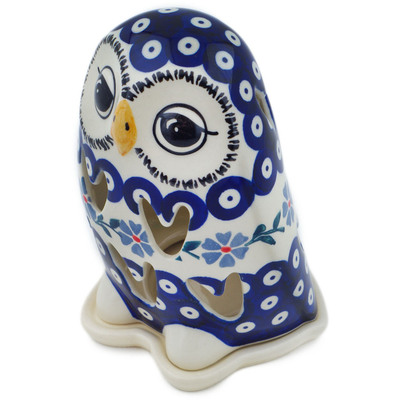 Polish Pottery Candle Holder 6&quot; Peacock Forget-me-not