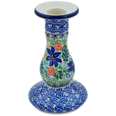 Polish Pottery Candle Holder 6&quot; Sapphire Lilies UNIKAT