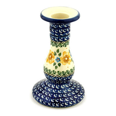 Polish Pottery Candle Holder 6&quot; Sea Fall Yellow Flowers